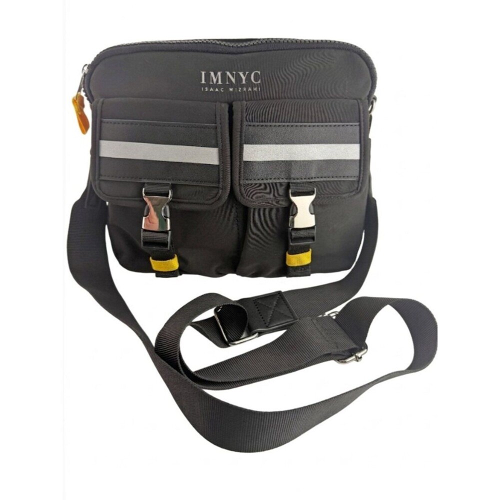 IMNYC Isaac Mizrahi Black Nylon Utility Crossbody Bag - Reflective Silver Stripe